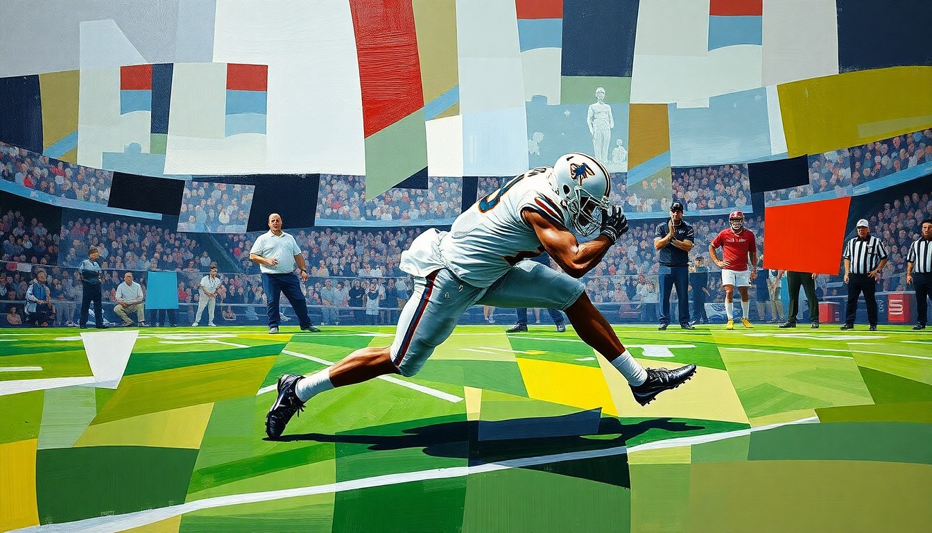 A cubist-style painting depicting a football player in the midst of a tackle, broken down into fragmented geometric shapes and planes of color, conveying the raw physicality and energy of the sport.