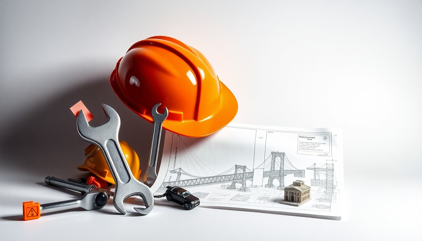 A high-end studio photograph featuring a collection of construction materials and tools arranged elegantly on a clean, monochromatic background, conceptually representing the progress of the Pontiac bridge reconstruction project.