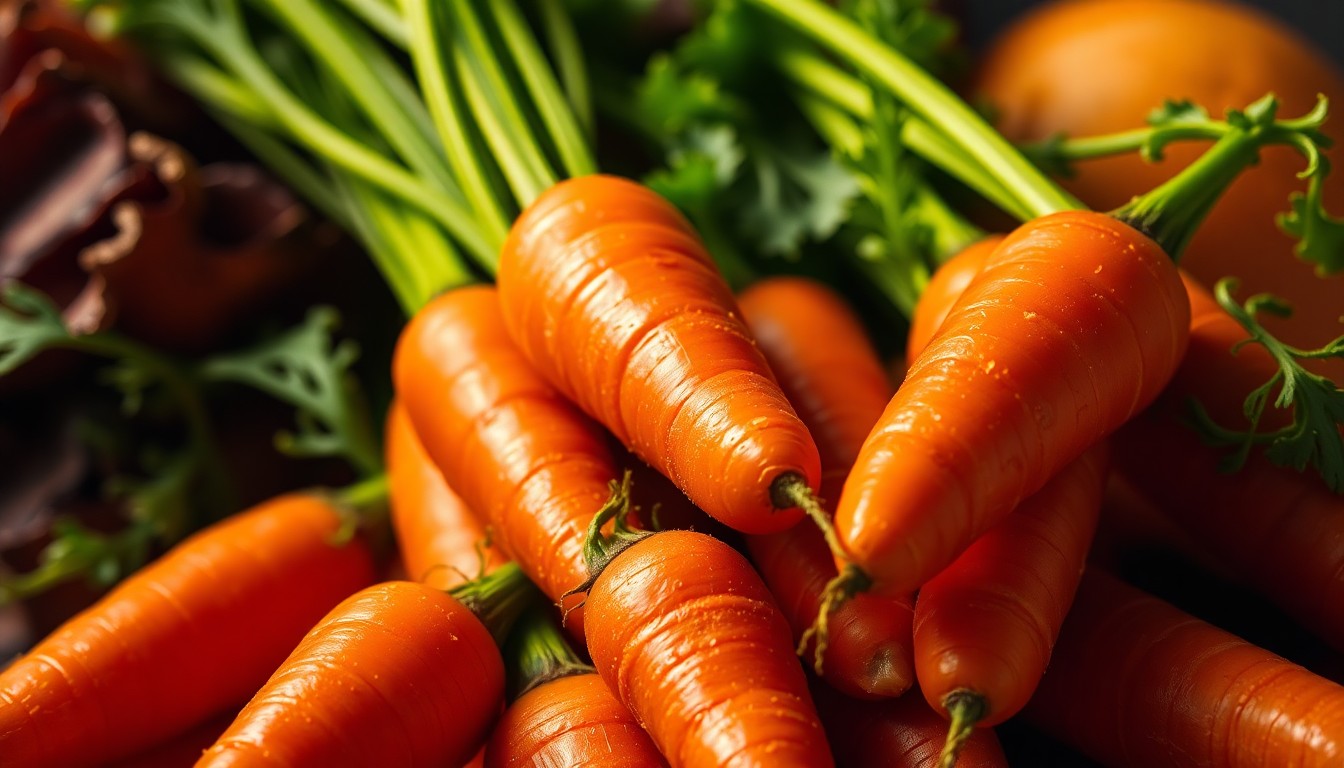 An extreme close-up of freshly harvested organic produce in rich, earthy tones, using dramatic studio lighting to create a glamorous, high-fashion aesthetic.