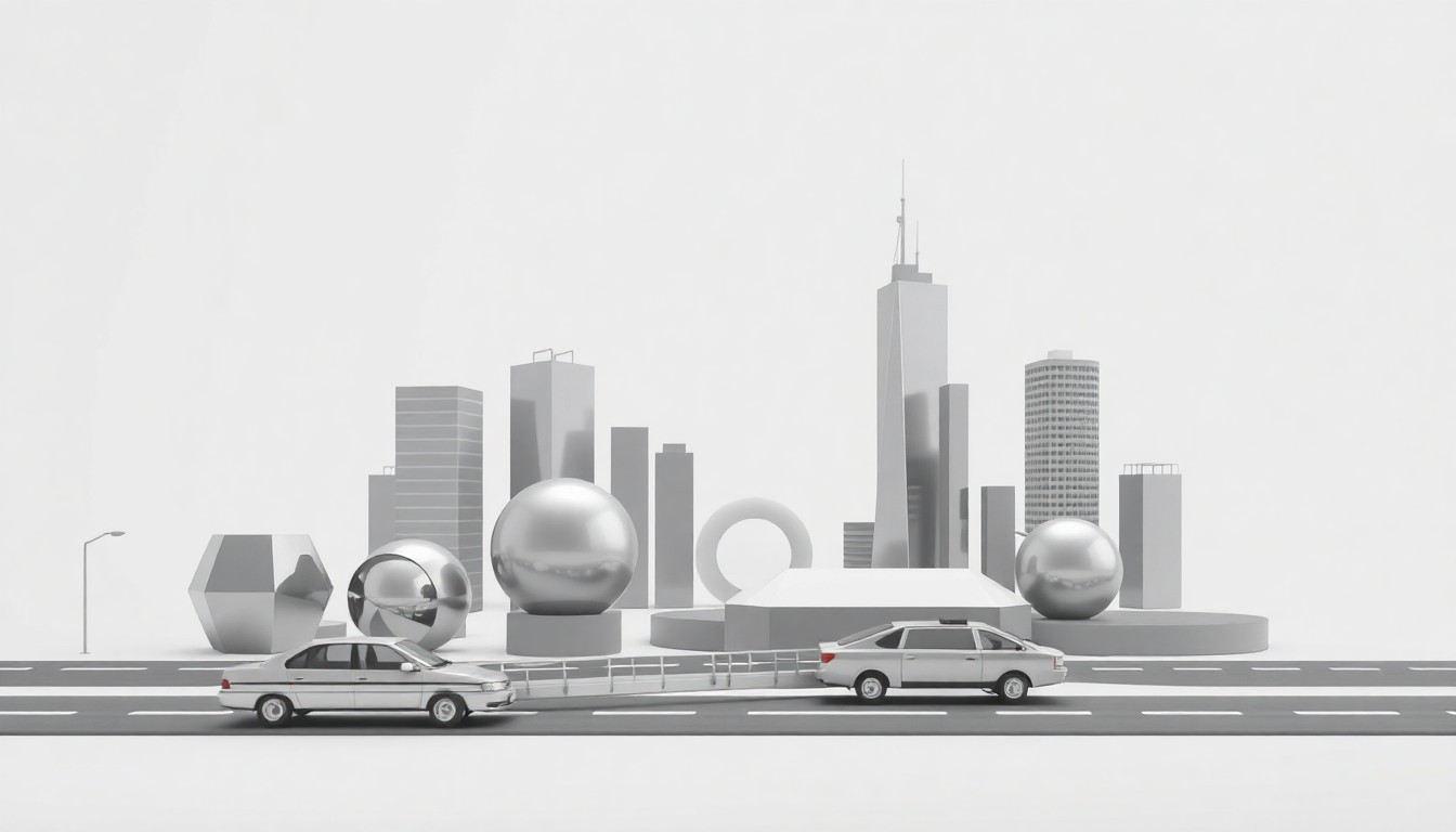 A photorealistic studio still life featuring a collection of polished, geometric objects arranged elegantly on a clean, monochromatic background, representing the abstract concepts of urban planning, traffic flow, and economic development.