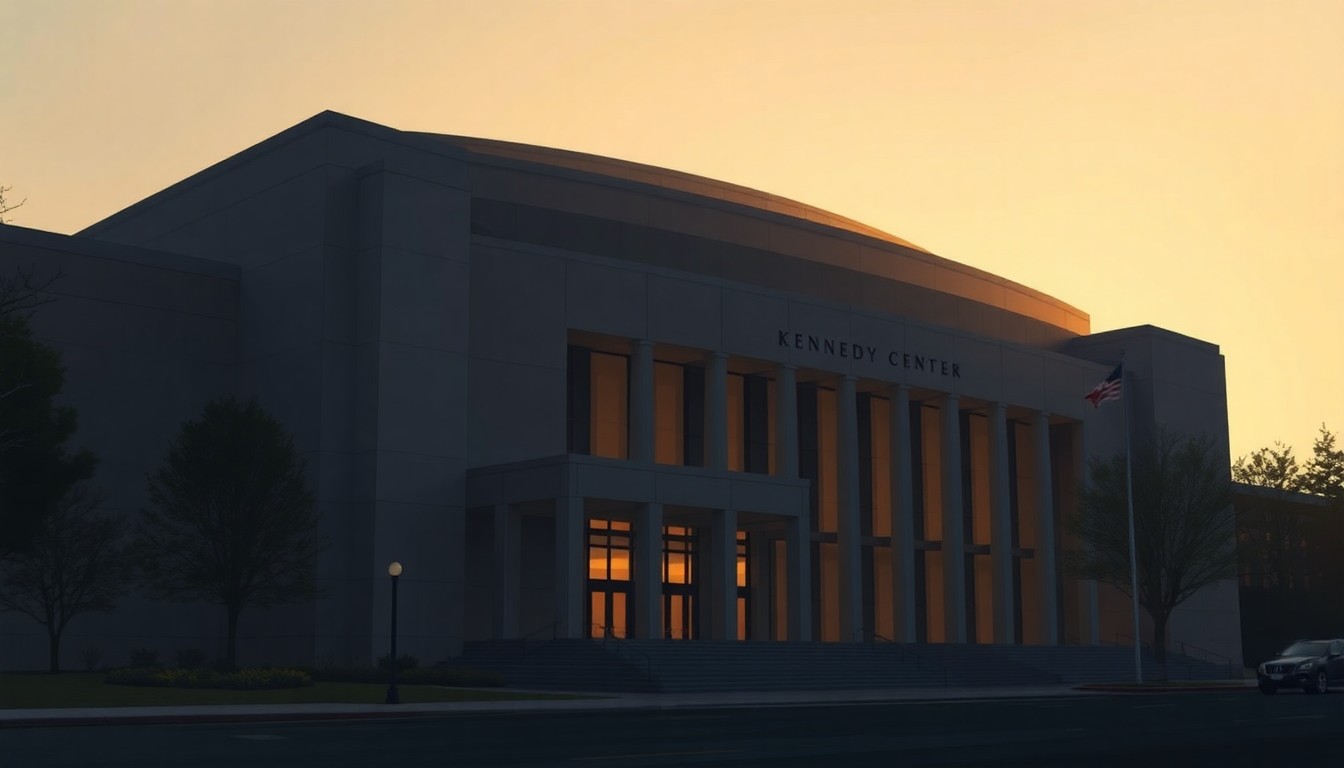 A serene, cinematic painting of the Kennedy Center's exterior, with the building bathed in warm, golden light and deep shadows, conveying a sense of the institution's architectural grandeur and the political tensions surrounding its planned renovations.