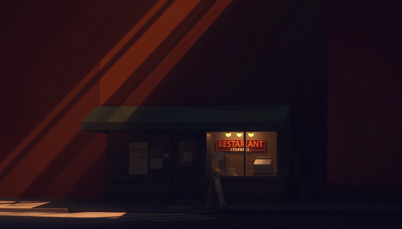 A photorealistic painting of a dimly lit restaurant exterior with a lone neon sign glowing in the evening shadows, conveying a sense of economic hardship and uncertainty in the local community.