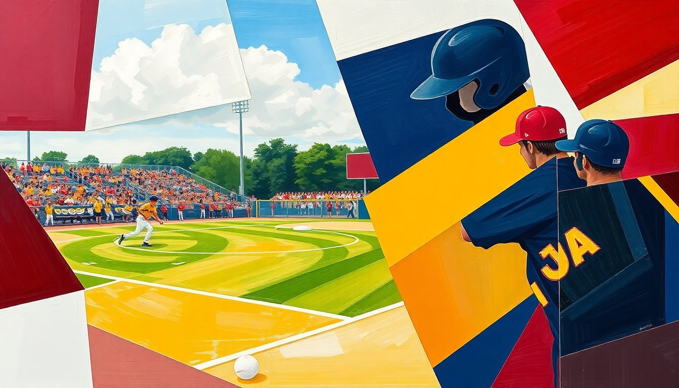 A fragmented, geometric painting in bold colors representing the action and dynamics of a high school softball game.
