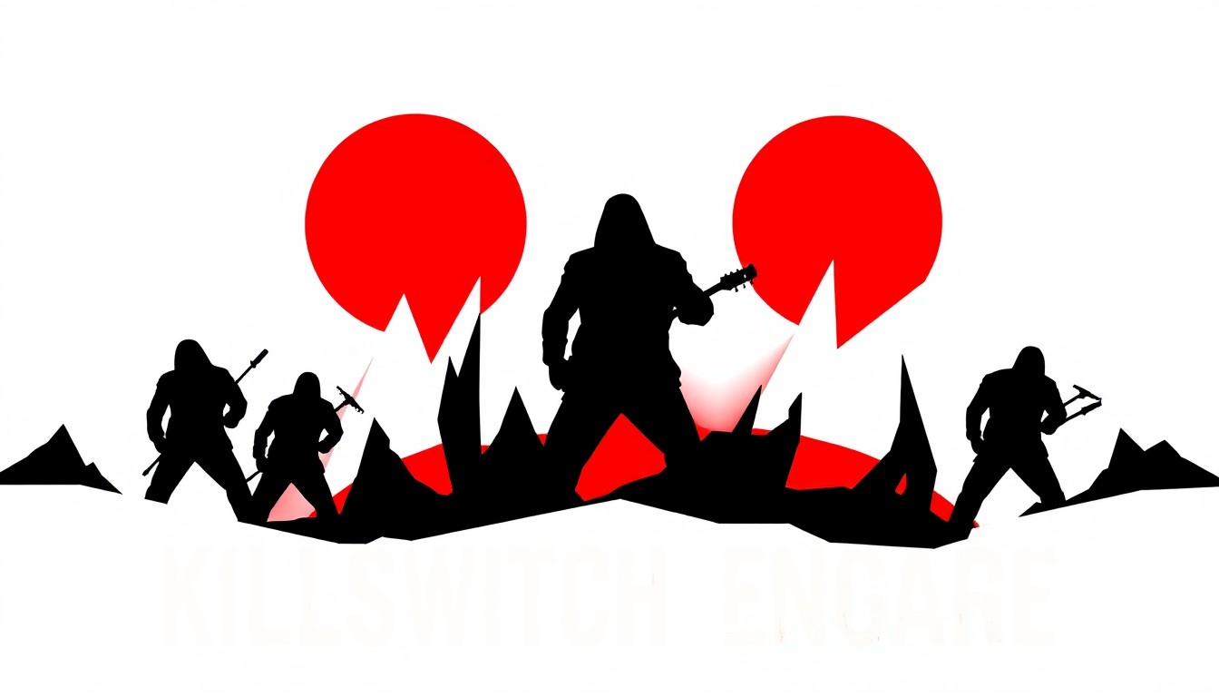 A bold, abstract illustration featuring stark, jagged geometric shapes in high-contrast black, red, and white, conceptually representing the heavy, aggressive sound of Killswitch Engage's metalcore music.