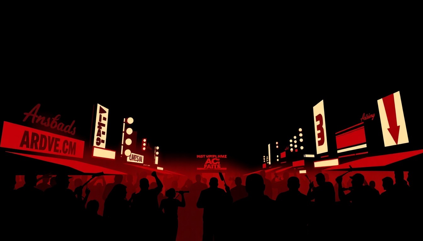 A striking abstract illustration featuring bold, geometric black and red shapes that evoke the rhythm and energy of a live music district.