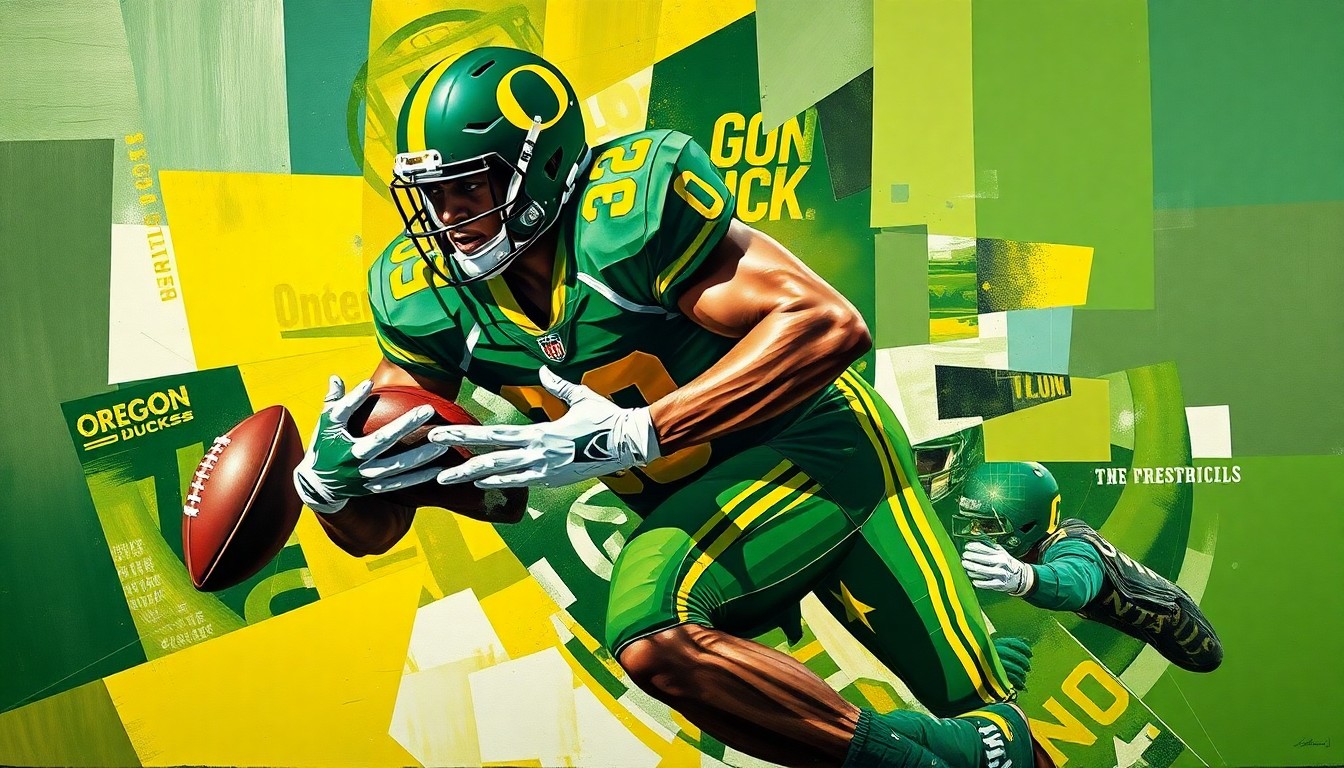 A fragmented, geometric painting depicting an Oregon linebacker making a tackle, with sharp planes of green, gold, and black representing the dynamic movement and energy of the play.