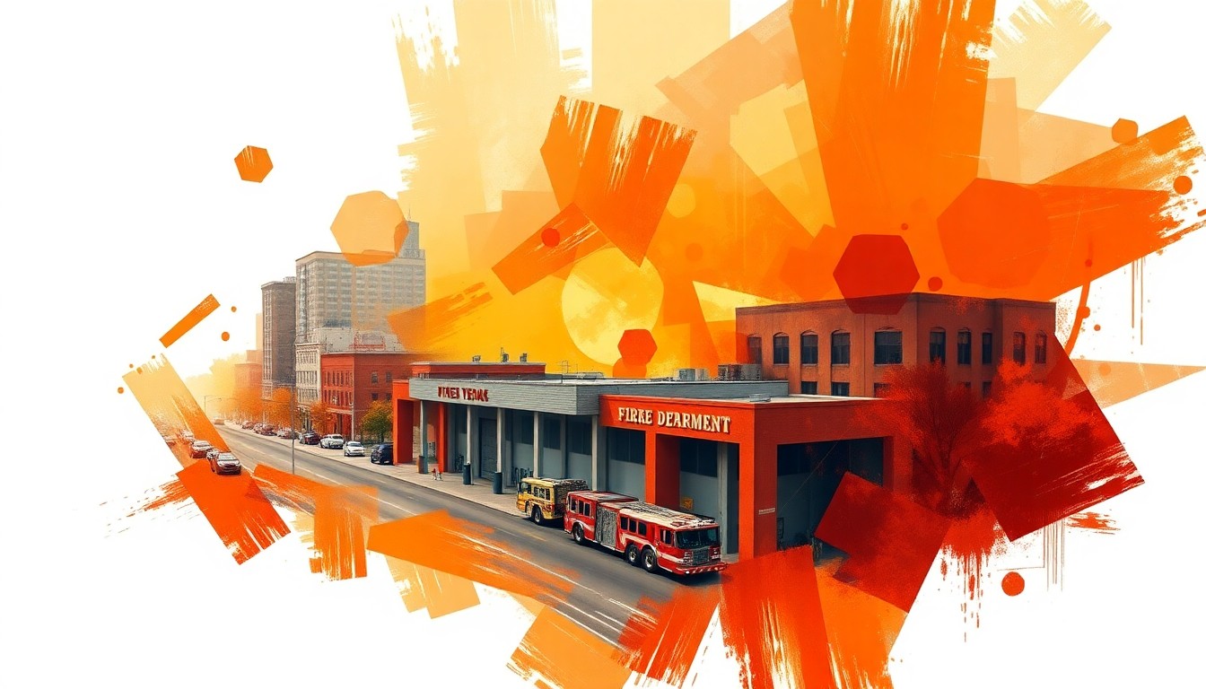 A vibrant, abstract painting featuring overlapping, geometric shapes and brushstrokes in warm shades of orange, red, and yellow, conceptually representing the dynamic energy and progress of Suffolk's latest civic investments.