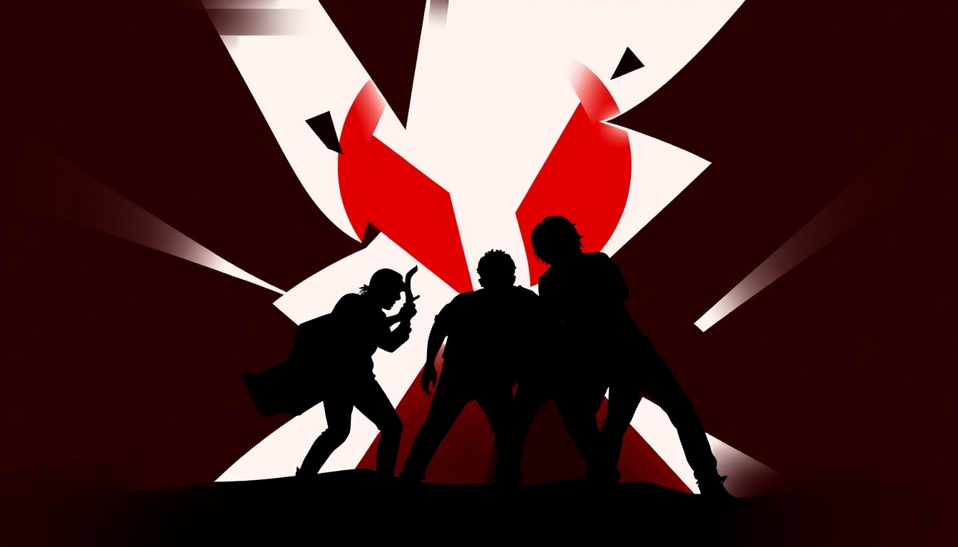 An abstract, minimalist composition featuring a bold, jagged black silhouette against a stark red and white background, conceptually representing the fractured rhythms and chaotic energy of the punk band Rip Room.