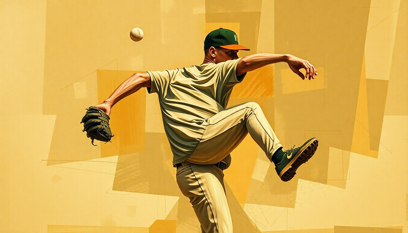 A fragmented, geometric painting in muted earth tones depicts the motion of a baseball pitcher, with sharp, overlapping planes representing the disruption to the Padres' starting rotation.