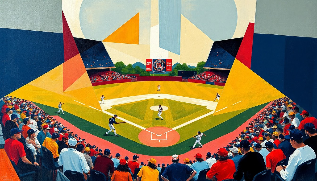 A fragmented, geometric painting in bold navy, crimson, and gold hues, depicting the dynamic action and competitive spirit of a college baseball game through an abstract, cubist-inspired lens.