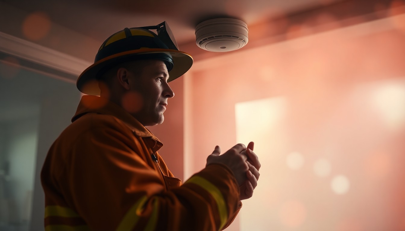 An abstract, impressionistic photograph showing the blurred silhouette of a firefighter's hand installing a smoke alarm, surrounded by soft, warm pools of light and color, conveying the caring, community-focused nature of the fire department's safety initiative.