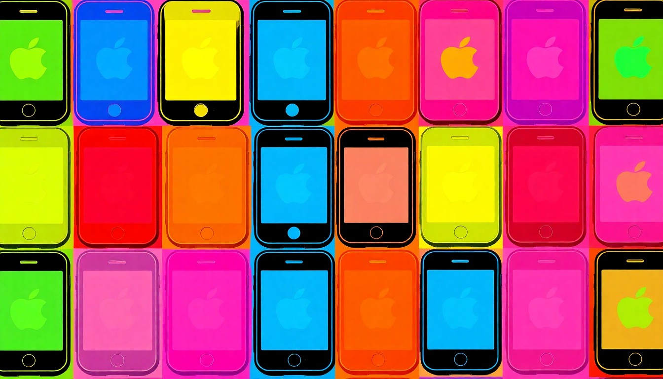 A brightly colored, high-contrast silkscreen print of a single, iconic smartphone icon repeated in a tight grid pattern, conceptually representing the ubiquity of smartphones in modern life and the push to limit their use in schools.