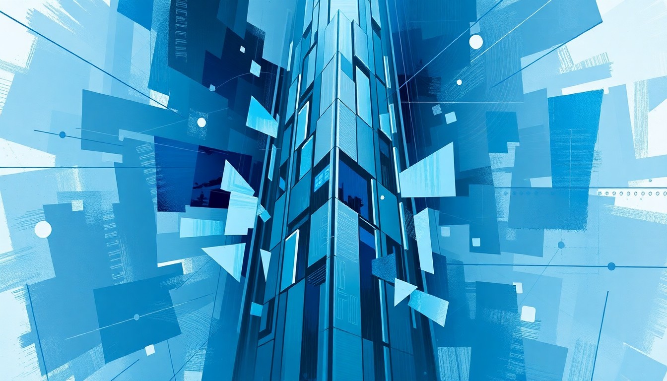 A dynamic, abstract painting featuring overlapping geometric shapes and lines in shades of blue and gray, conceptually representing the rapid growth of data infrastructure in Pennsylvania.