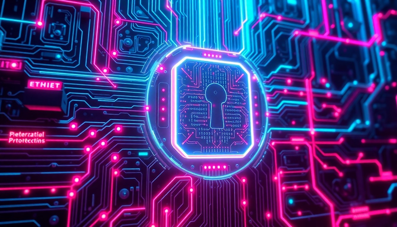 A highly detailed, glowing 3D illustration of a complex, futuristic cybersecurity system with neon cyan and magenta lights pulsing through intricate circuits and data streams, conceptually representing advanced AI-powered security infrastructure protecting digital assets.