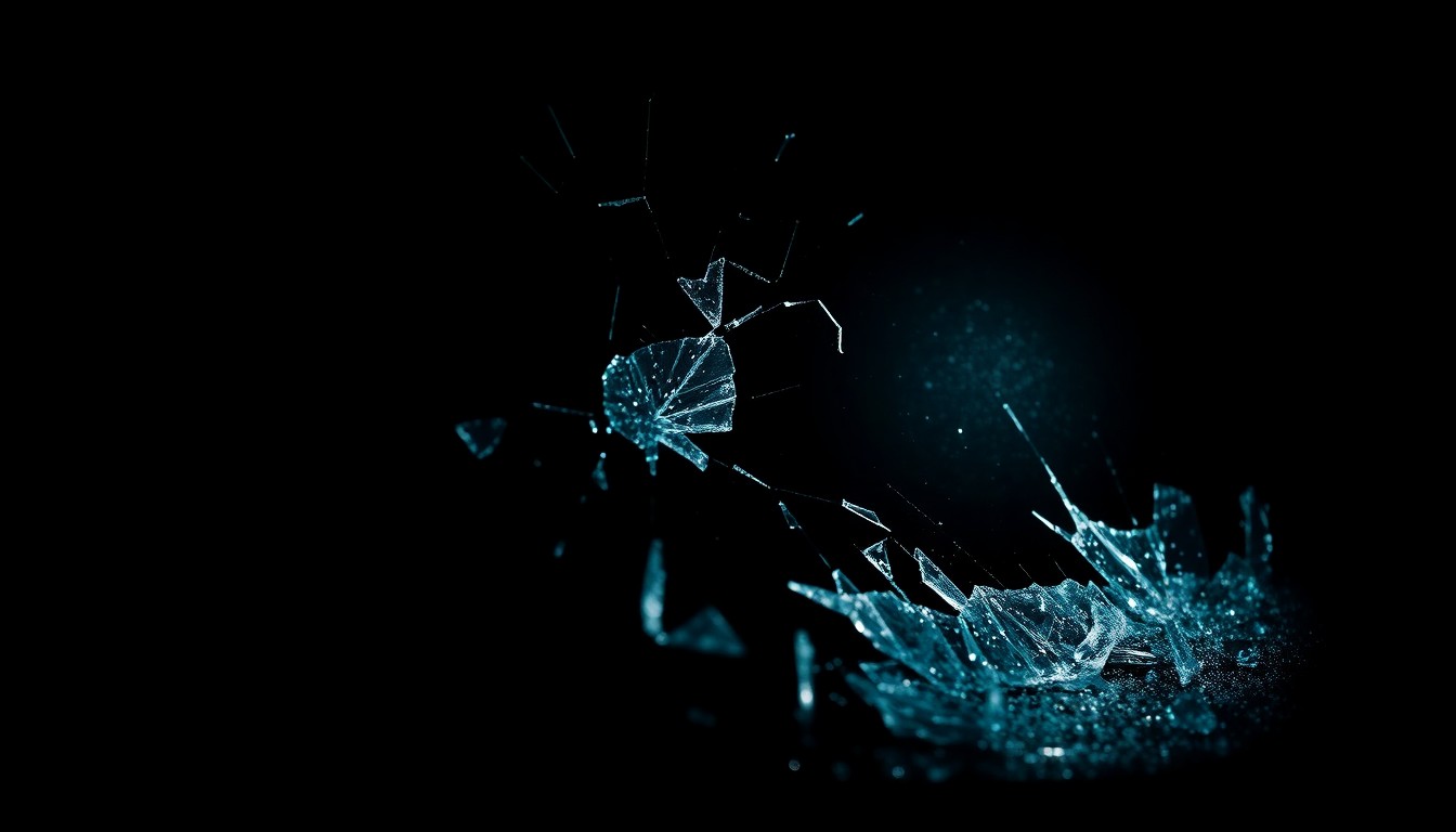 An extreme close-up of shattered glass from a crime scene, capturing the gritty, investigative nature of this story about a series of armed robberies in downtown Chicago.