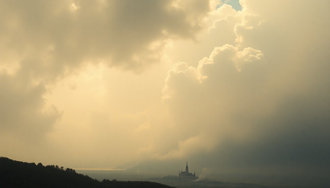 A vast, atmospheric landscape painting in muted tones of gray, blue, and brown, with a thick haze of smoke obscuring the horizon and dwarfing the small structures visible in the foreground, conveying the overwhelming power of nature.