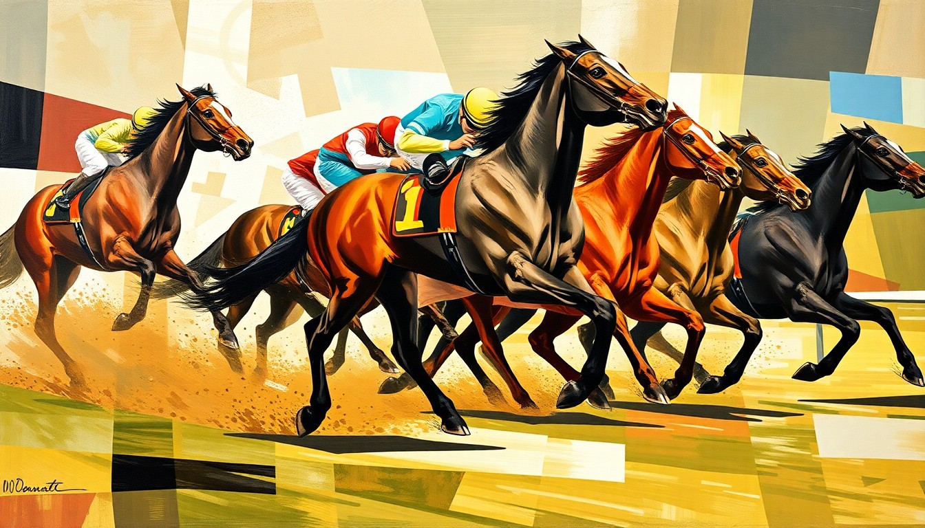 A cubist, geometric painting depicting the fractured motion and energy of a horse race, with overlapping planes of color and form but no recognizable figures or details.