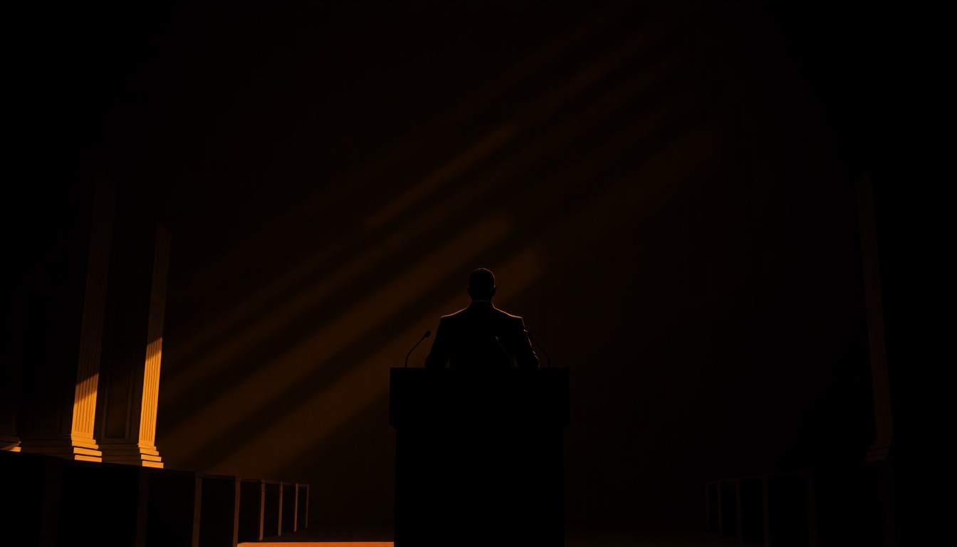 A cinematic painting of a solitary political figure standing at a podium in a dimly lit government building, the scene bathed in warm, diagonal sunlight and deep shadows, capturing the somber mood of the Holocaust remembrance ceremony.
