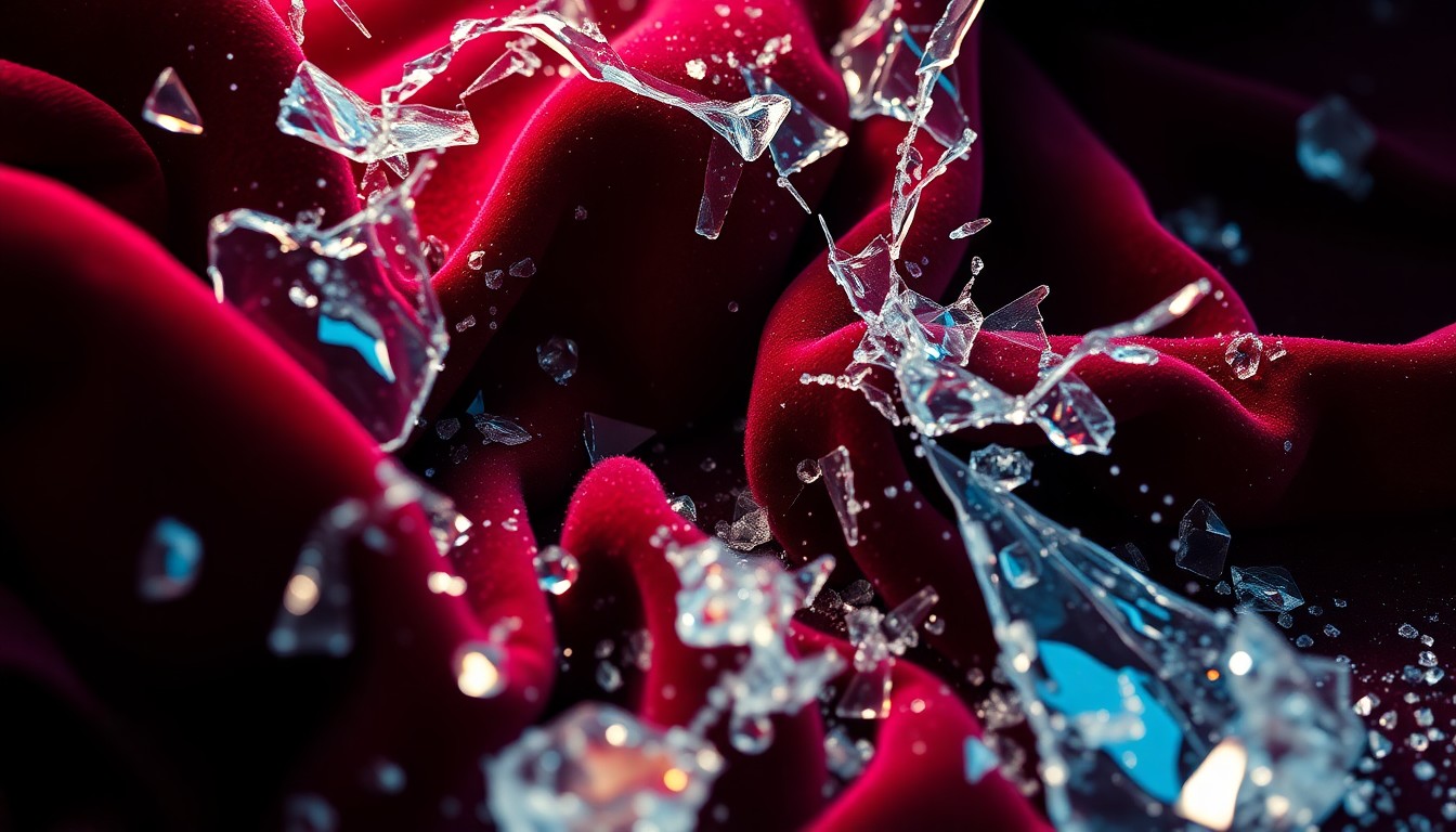 An abstract close-up image of shattered glass and crumpled velvet fabric, conveying the high-contrast glamour and chaos of a celebrity altercation through dramatic lighting and textural details.