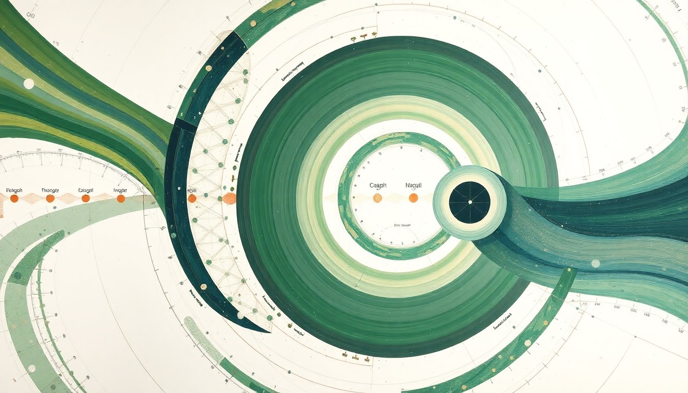 A bold, highly structured abstract painting in muted earth tones, featuring sweeping geometric arcs, concentric circles, and precise spirals, conveying the complex forces and concepts of space exploration and national security.