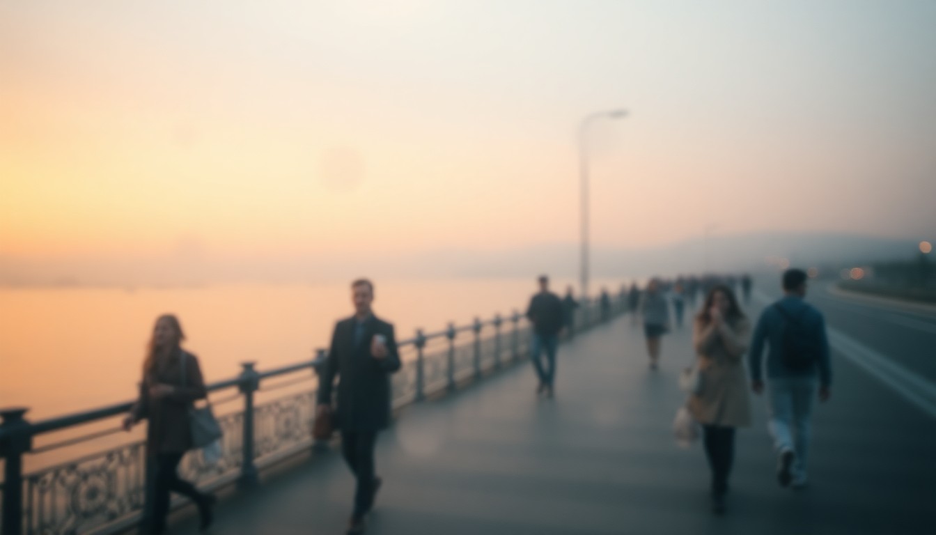An impressionistic, out-of-focus scene of people walking along a riverfront promenade, with soft, warm colors and a dreamlike quality.