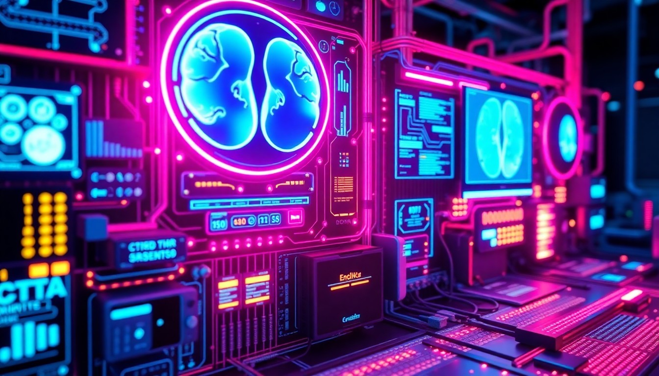 A highly detailed, glowing 3D macro illustration of a complex medical imaging data processing system, with neon cyan and magenta lights illuminating the various components and data flows, conceptually representing the advanced, high-tech nature of Enlitic's Ensight platform and its ability to handle and standardize large volumes of imaging data.