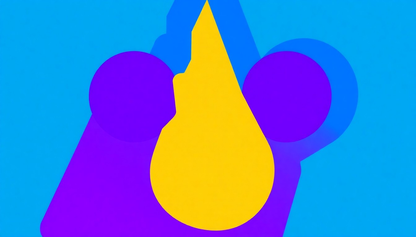 A bold, abstract illustration featuring jagged, geometric shapes in shades of blue, purple, and gold, representing the iconic Sorcerer Mickey hat silhouette against a vibrant, high-contrast background.