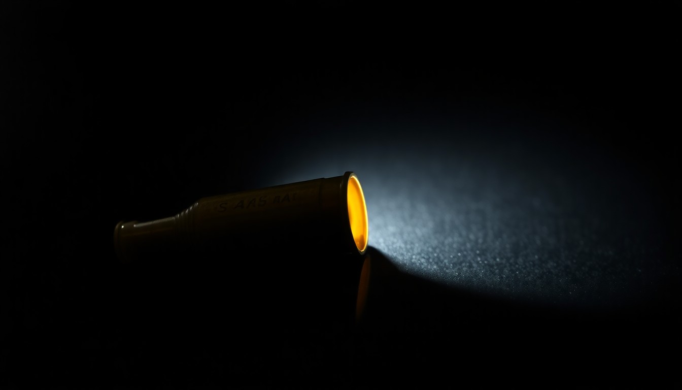 An extreme close-up of a single spent shell casing on a dark surface, capturing the stark, gritty details of a violent crime scene.