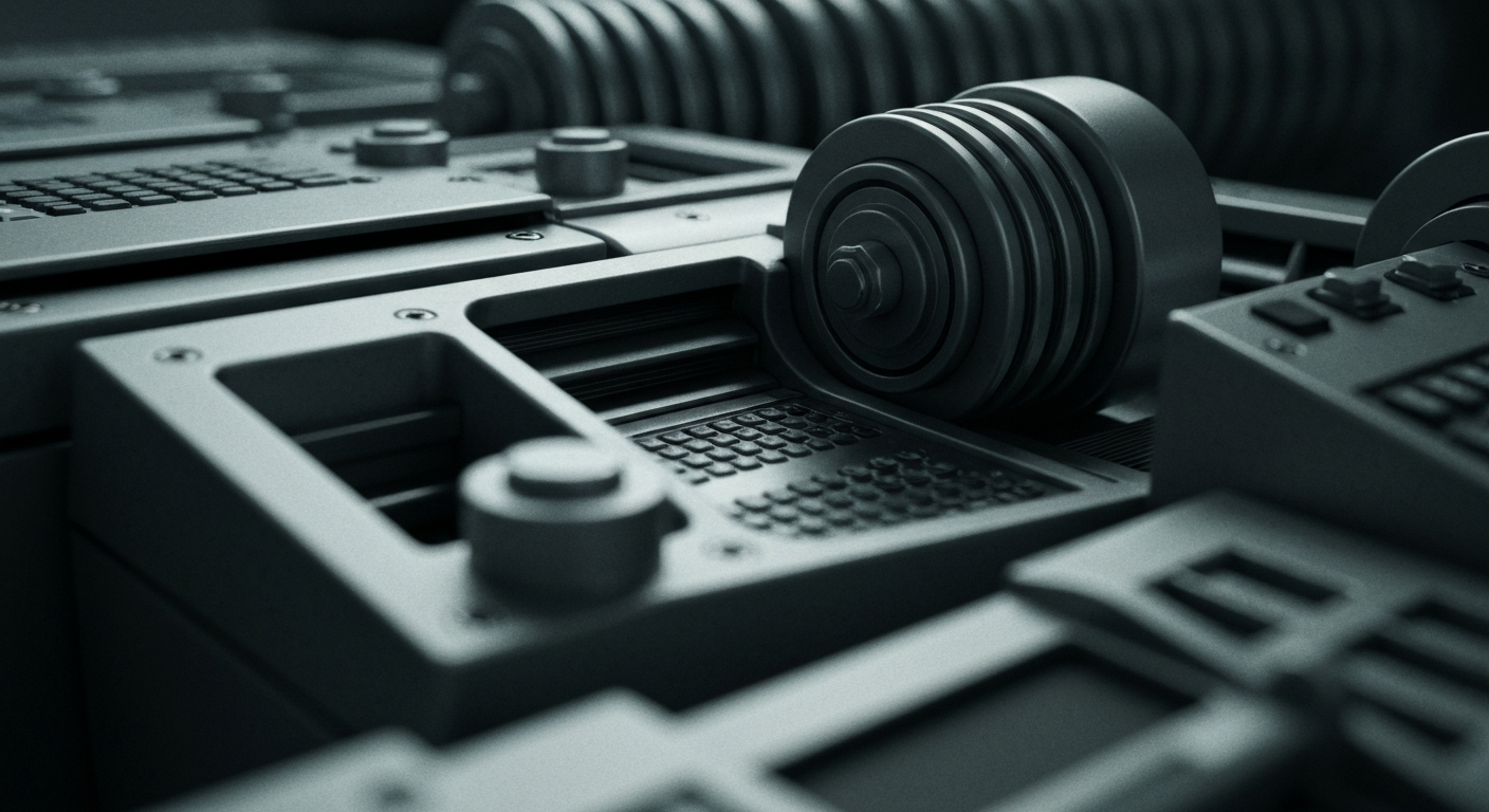 A highly detailed, black-and-white close-up image of complex banking machinery and equipment, conveying a sense of the institutional power and security of the financial industry without using literal currency or charts.