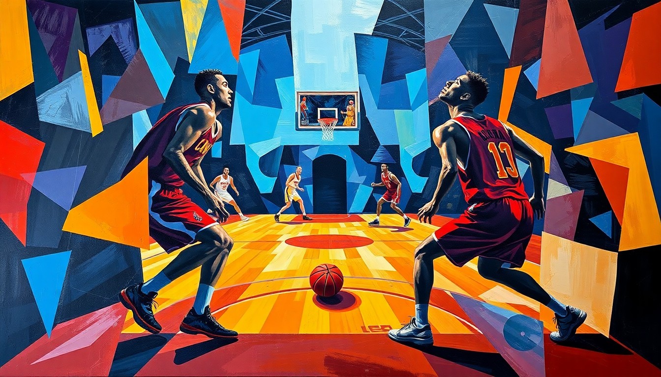 A cubist, geometric painting depicting a fragmented basketball game, with the players' forms broken down into sharp, overlapping planes of color, capturing the intensity and uncertainty of the Lakers' playoff situation.