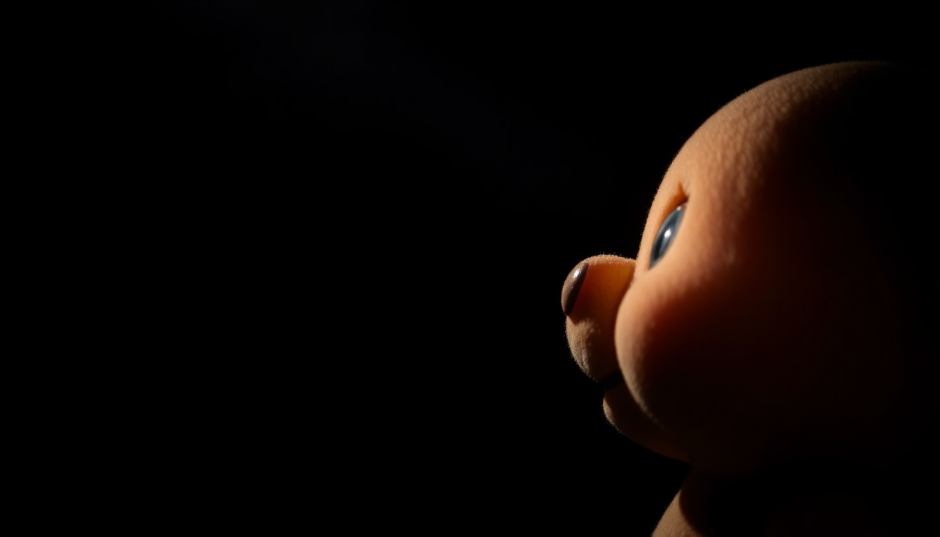 An extreme close-up photograph of a child's stuffed animal, the harsh flash lighting creating a stark, gritty, and investigative mood without depicting any violence or victims.