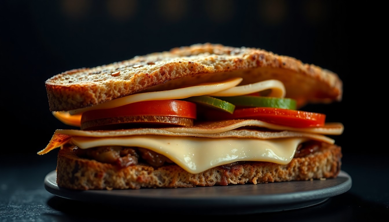 An extreme close-up photograph of a layered gourmet sandwich, with dramatic high-contrast lighting highlighting the rich textures and colors of the bread, cheese, and condiments, conceptually representing the premium quality of the food at The Masters tournament.