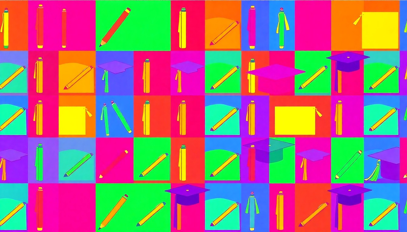 A brightly colored, high-contrast silkscreen print of a single, iconic special education object such as a pencil or notebook repeated in a tight grid pattern, conceptually representing the platform's mission to make finding the right advocate more accessible.