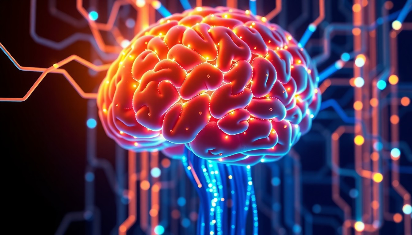 A highly detailed, glowing 3D illustration of a human brain connected to a complex network of illuminated digital circuits and cables, representing the interplay between artificial intelligence and human cognition.