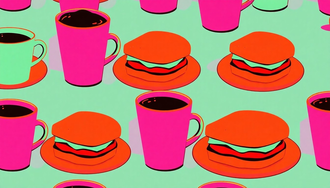 A bold, colorful silkscreen-style illustration featuring a repeated pattern of an iconic diner-style sandwich, conceptually representing the elevated comfort food offerings at Grand Lake Kitchen's new San Francisco location.