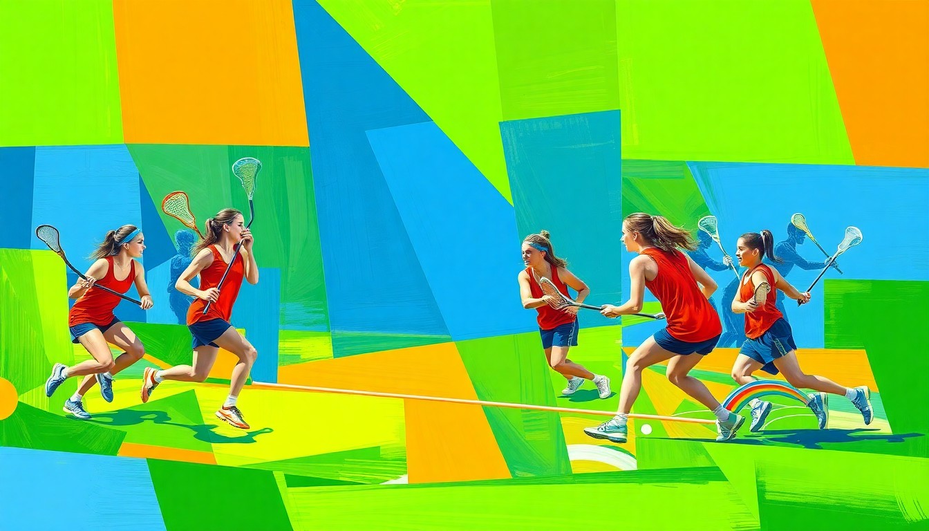 A fractured, geometric painting in vibrant colors depicts the overlapping movements and perspectives of a girls lacrosse game, conveying the sport's fast-paced intensity.