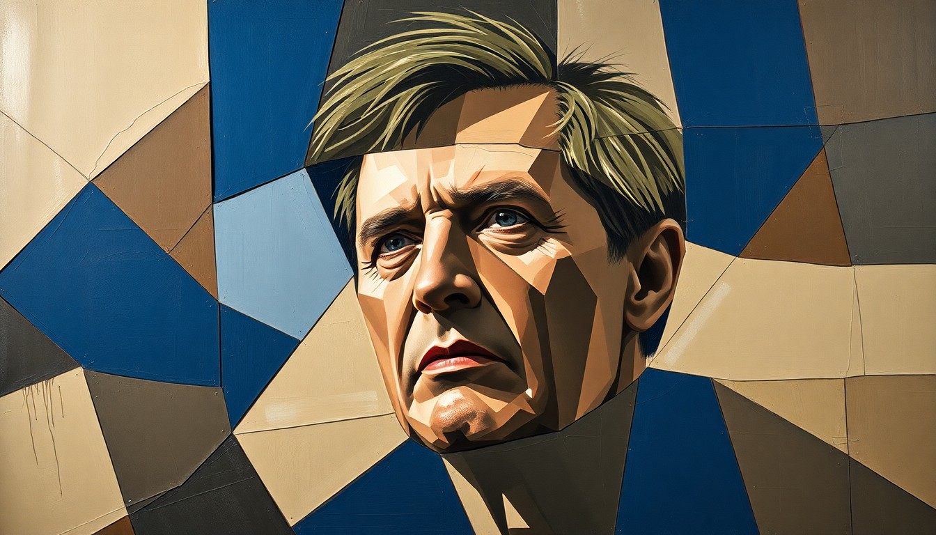 A fragmented, geometric painting depicting the downfall of a college football coach, with sharp planes of muted earth tones and deep blues representing the complex personal and professional consequences.