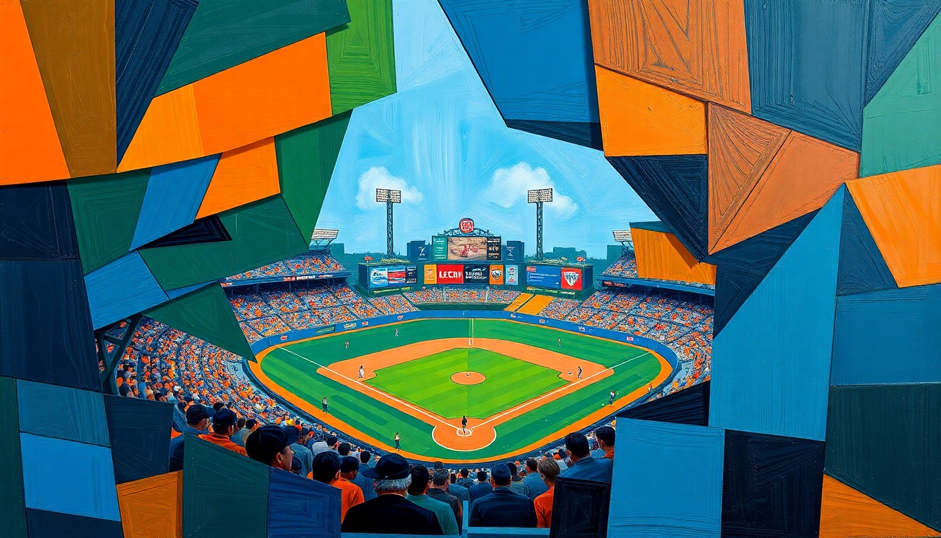 A fragmented, geometric painting depicting the dynamic movements and competitive spirit of a high school baseball game, with sharp planes of color and overlapping perspectives capturing the essence of the contest.