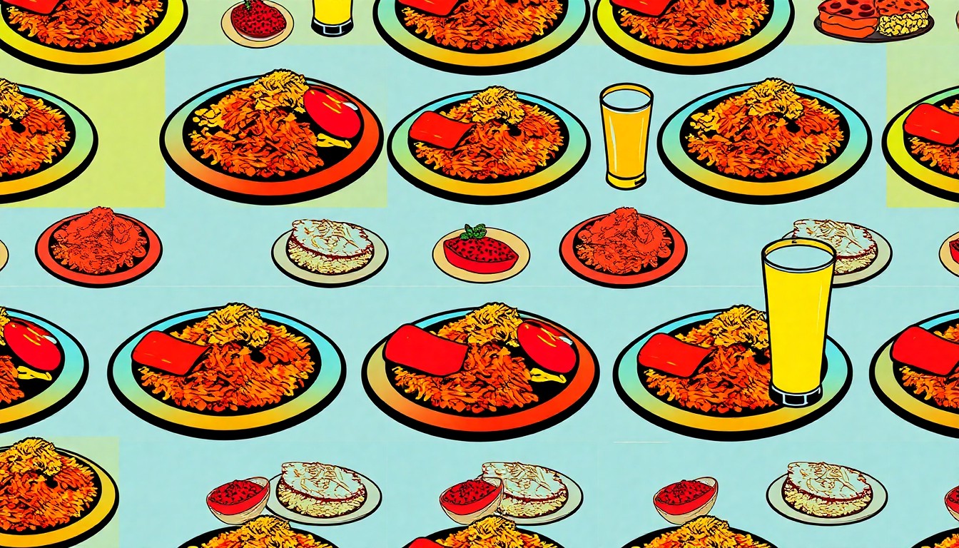 A high-contrast silkscreen print in neon colors depicting a repeated image of a Caribbean dish, such as a plate of rice and beans, conceptually representing the fusion of Latin American and Asian flavors at the new Caribe Restaurant & Bar.