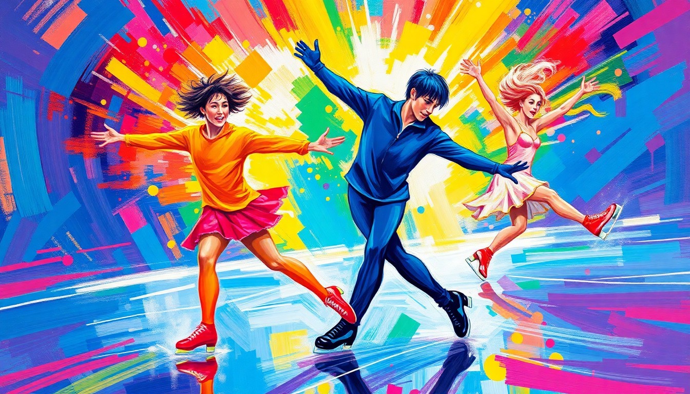 A vibrant, expressionist painting depicting the fluid, energetic movements of figure skaters performing on the ice, with splashes of neon colors and bold brushstrokes capturing the raw athleticism and grace of the sport.