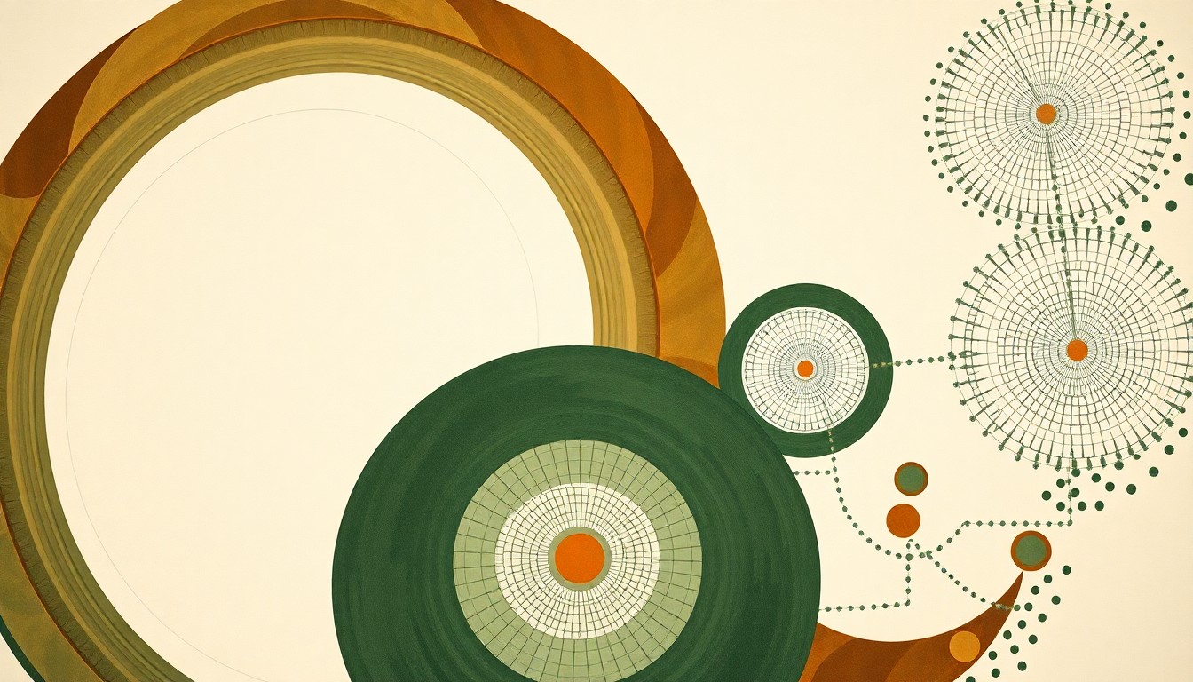 A bold, abstract painting in muted earth tones depicting sweeping geometric shapes and precise botanical spirals, conceptually representing the complex genetic and hormonal forces underlying Addison's disease.