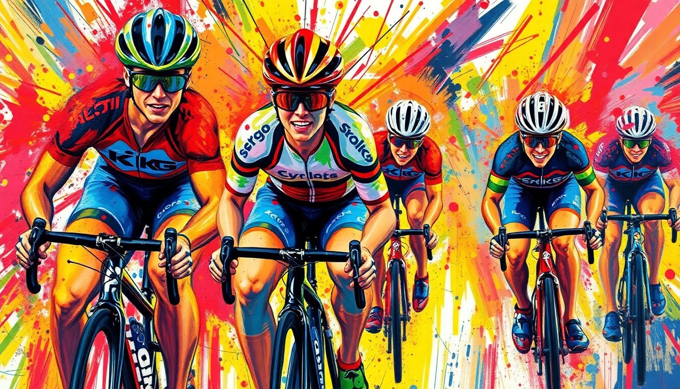 An extreme close-up of a tangled mass of bicycle parts and limbs, rendered in a vibrant expressionist style with rapid brushstrokes and neon colors, conceptually illustrating the chaos and danger of a triathlon cycling accident.