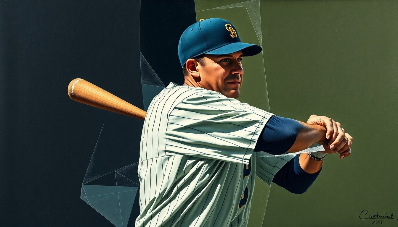 A fragmented, geometric painting depicting a baseball manager being hit by a line drive, with sharp planes of navy, charcoal, and olive green overlapping to create a dynamic, abstract representation of the incident.
