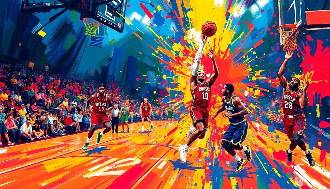 An abstract, expressionist painting featuring vibrant neon brushstrokes and splatters of color, capturing the raw energy and emotion of a high-stakes NBA playoff game.