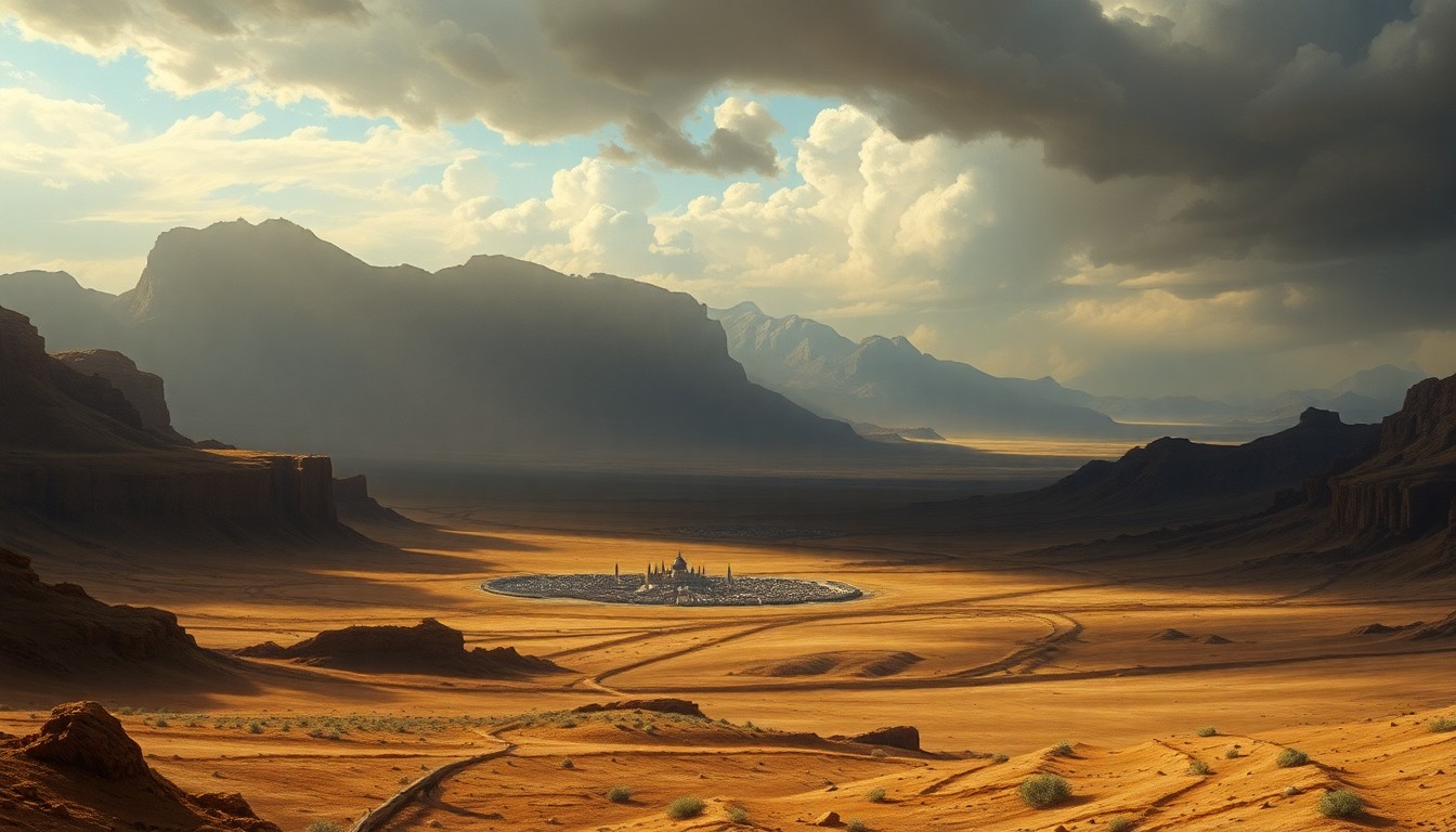 A vast, majestic landscape painting in muted earth tones, with a small town nestled in the distance, dwarfed by the overwhelming scale of the arid, drought-stricken environment.