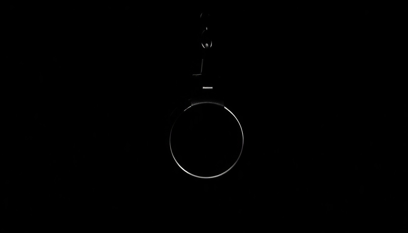 An extreme close-up photograph of a single handcuff, lit by a harsh, direct camera flash against a pitch-black background, creating a stark, gritty, investigative aesthetic.