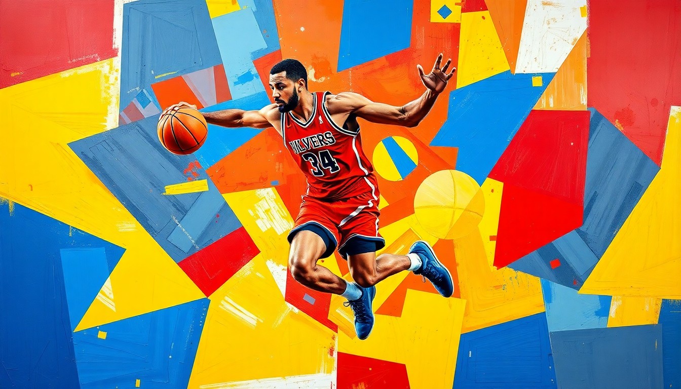 A fragmented, geometric painting depicting a basketball player in motion, broken down into sharp, overlapping planes of color, conceptually representing the multifaceted decision-making process of a college basketball transfer.