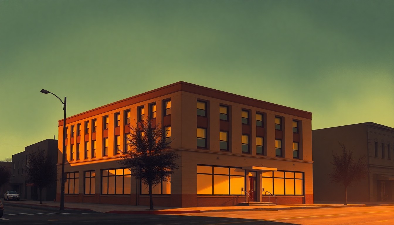 A nostalgic, cinematic painting of an old, two-story office building in Denver, with warm sunlight streaming through the windows and deep shadows across the facade, evoking a sense of urban solitude and the potential for revitalization.