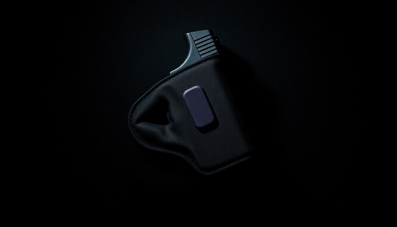 An extreme close-up photograph of a black nylon handgun holster against a pitch-black background, creating a stark, gritty, investigative aesthetic through the use of dramatic lighting and shadows.