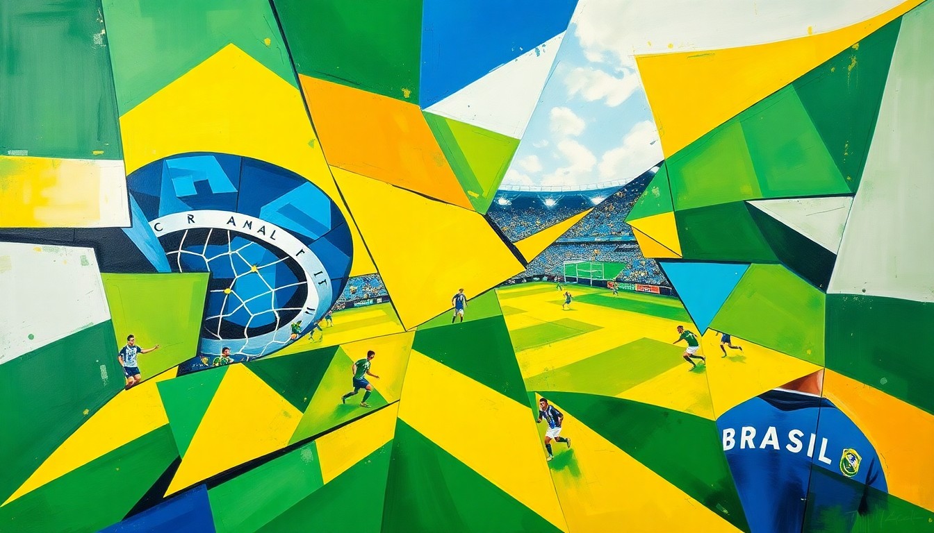 A fragmented, cubist-style painting depicting a Brazil national team soccer match, with the players and field broken down into sharp, overlapping geometric shapes in the team's iconic colors of green, yellow, blue, and white.